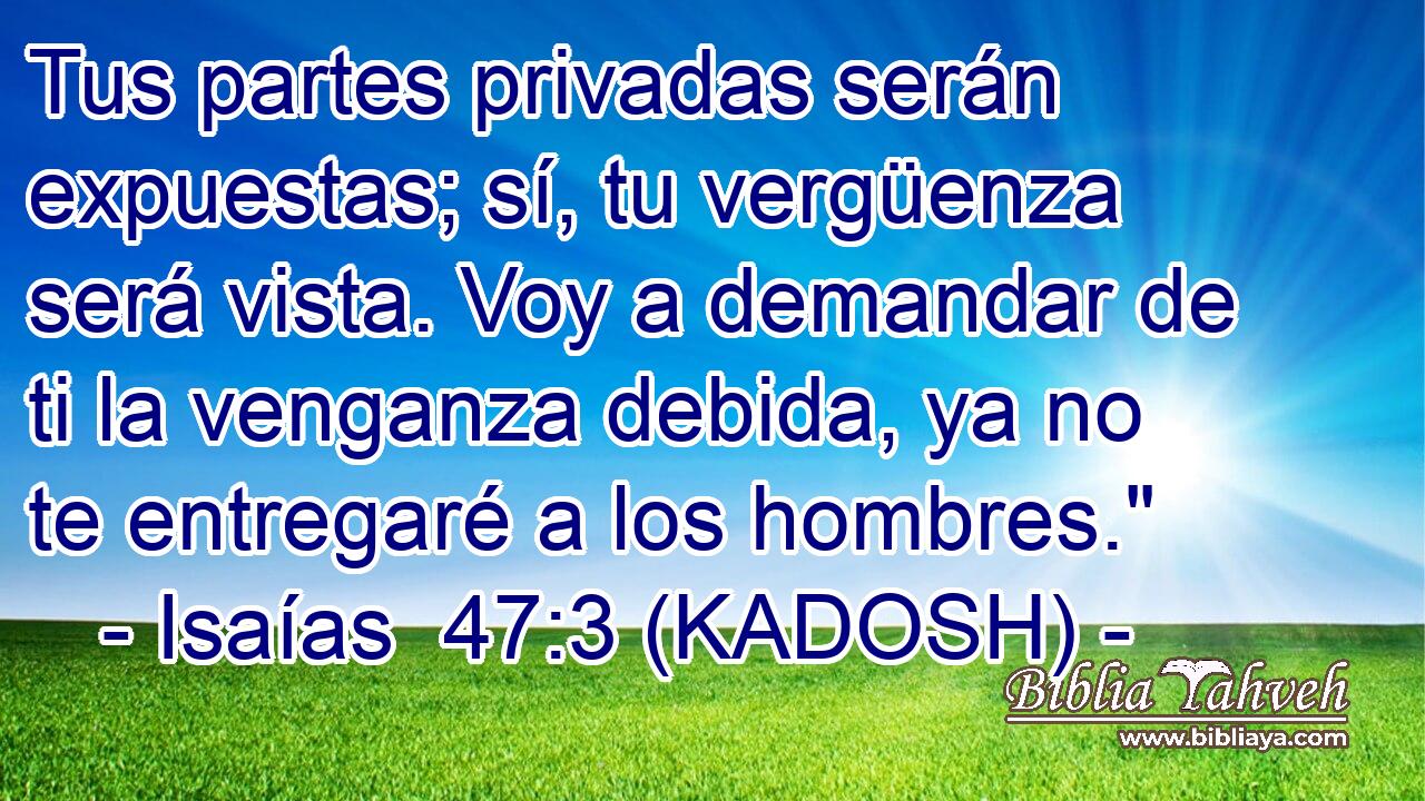  Tus partes privadas serán expuestas; sí, tu vergüenza será vista. Voy a demandar de ti la venganza debida, ya no te entregaré a los hombres.