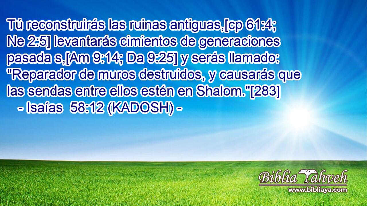  Tú reconstruirás las ruinas antiguas,[cp 61:4; Ne 2:5] levantarás cimientos de generaciones pasada s,[Am 9:14; Da 9:25] y serás llamado: 
