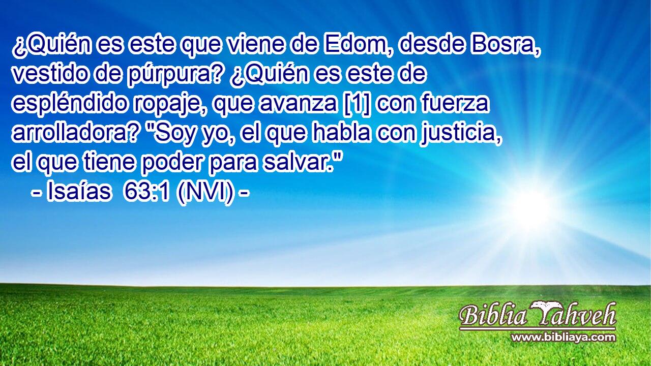  ¿Quién es este que viene de Edom, desde Bosra, vestido de púrpura? ¿Quién es este de espléndido ropaje, que avanza [1] con fuerza arrolladora? 