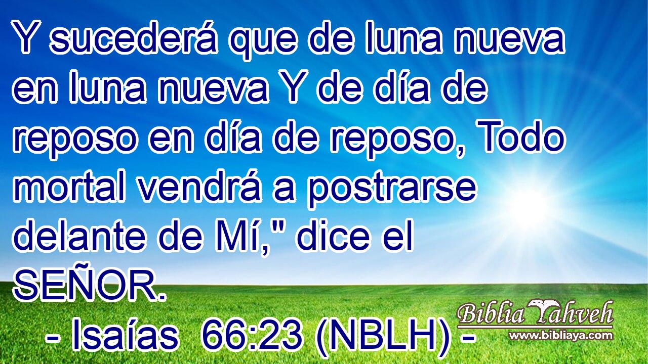  Y sucederá que de luna nueva en luna nueva Y de día de reposo en día de reposo, Todo mortal vendrá a postrarse delante de Mí,