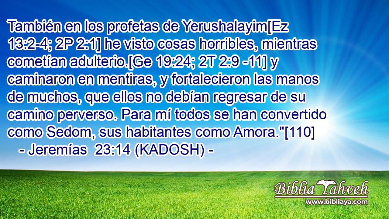  También en los profetas de Yerushalayim[Ez 13:2-4; 2P 2:1] he visto cosas horribles, mientras cometían adulterio.[Ge 19:24; 2T 2:9 -11] y caminaron en mentiras, y fortalecieron las manos de muchos, que ellos no debían regresar de su camino perverso. Para mí todos se han convertido como Sedom, sus habitantes como Amora.