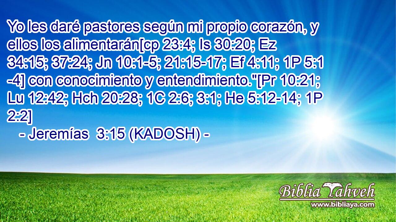  Yo les daré pastores según mi propio corazón, y ellos los alimentarán[cp 23:4; Is 30:20; Ez 34:15; 37:24; Jn 10:1-5; 21:15-17; Ef 4:11; 1P 5:1 -4] con conocimiento y entendimiento.