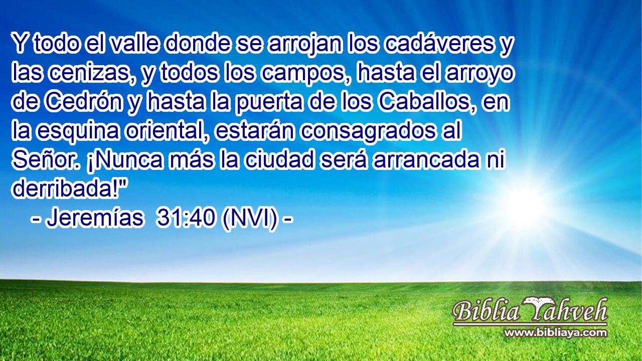  Y todo el valle donde se arrojan los cadáveres y las cenizas, y todos los campos, hasta el arroyo de Cedrón y hasta la puerta de los Caballos, en la esquina oriental, estarán consagrados al Señor. ¡Nunca más la ciudad será arrancada ni derribada!