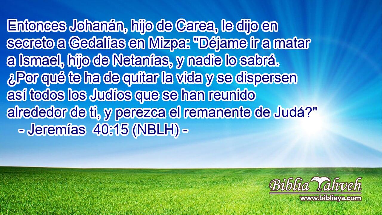  Entonces Johanán, hijo de Carea, le dijo en secreto a Gedalías en Mizpa: 