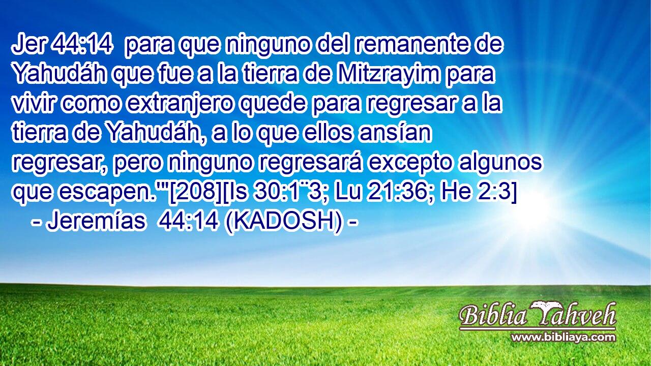  para que ninguno del remanente de Yahudáh que fue a la tierra de Mitzrayim para vivir como extranjero quede para regresar a la tierra de Yahudáh, a lo que ellos ansían regresar, pero ninguno regresará excepto algunos que escapen.'