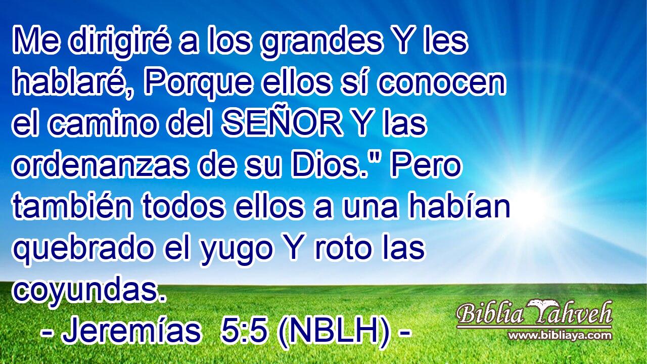  Me dirigiré a los grandes Y les hablaré, Porque ellos sí conocen el camino del SEÑOR Y las ordenanzas de su Dios.