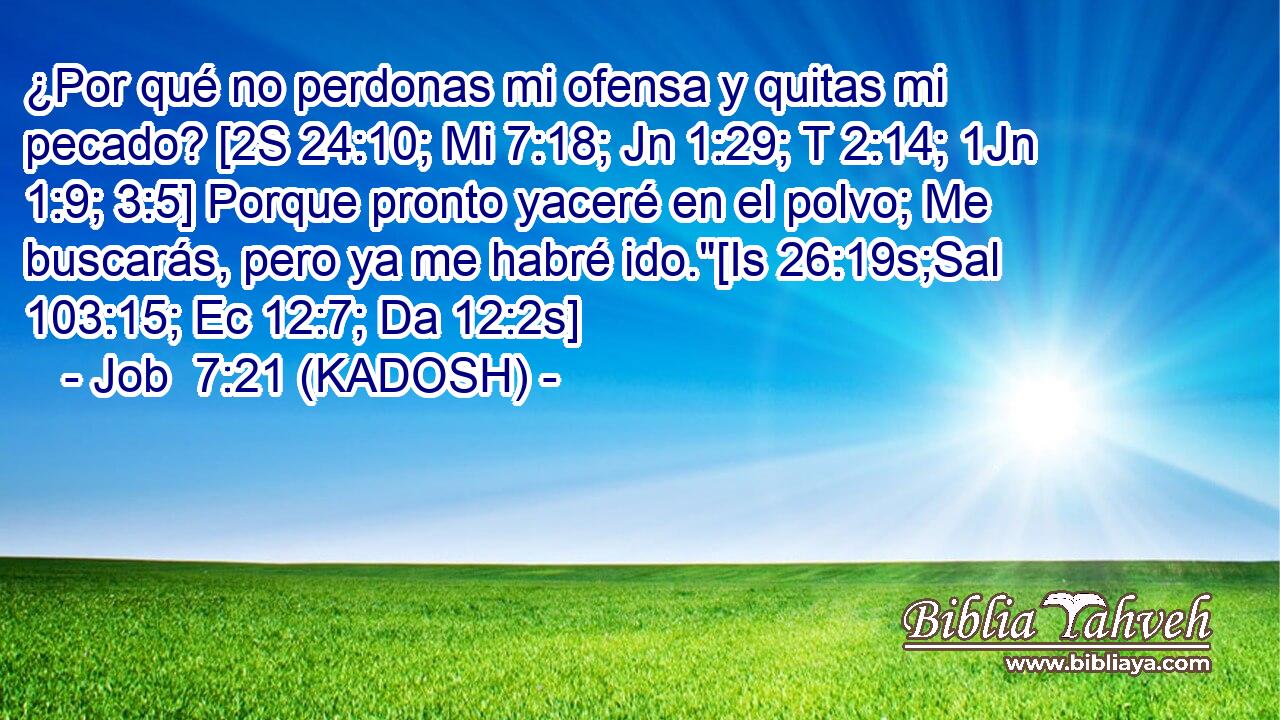  ¿Por qué no perdonas mi ofensa y quitas mi pecado? [2S 24:10; Mi 7:18; Jn 1:29; T 2:14; 1Jn 1:9; 3:5] Porque pronto yaceré en el polvo; Me buscarás, pero ya me habré ido.