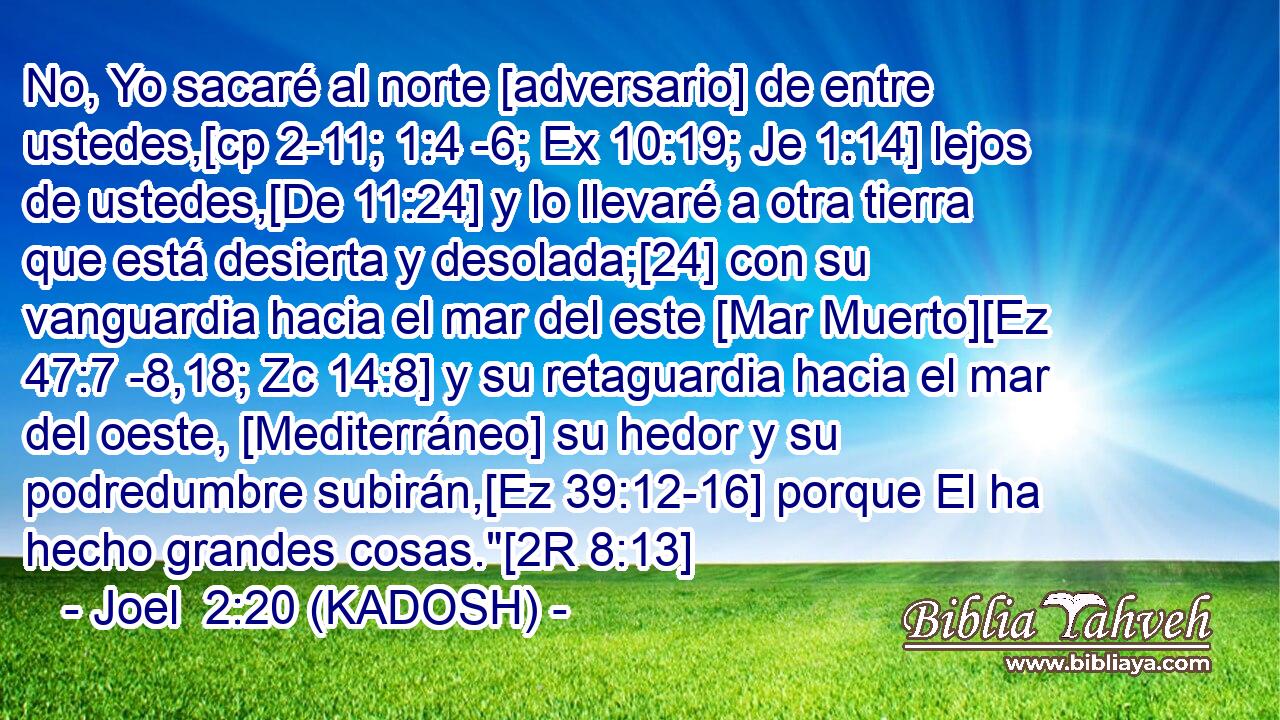 No, Yo sacaré al norte [adversario] de entre ustedes,[cp 2-11; 1:4 -6; Ex 10:19; Je 1:14] lejos de ustedes,[De 11:24] y lo llevaré a otra tierra que está desierta y desolada;[24] con su vanguardia hacia el mar del este [Mar Muerto][Ez 47:7 -8,18; Zc 14:8] y su retaguardia hacia el mar del oeste, [Mediterráneo] su hedor y su podredumbre subirán,[Ez 39:12-16] porque El ha hecho grandes cosas.
