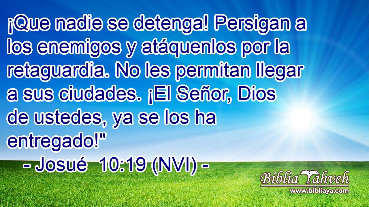  ¡Que nadie se detenga! Persigan a los enemigos y atáquenlos por la retaguardia. No les permitan llegar a sus ciudades. ¡El Señor, Dios de ustedes, ya se los ha entregado!