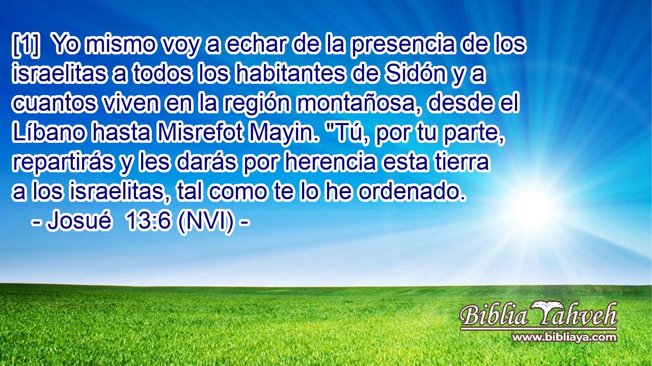  [1]  Yo mismo voy a echar de la presencia de los israelitas a todos los habitantes de Sidón y a cuantos viven en la región montañosa, desde el Líbano hasta Misrefot Mayin. 