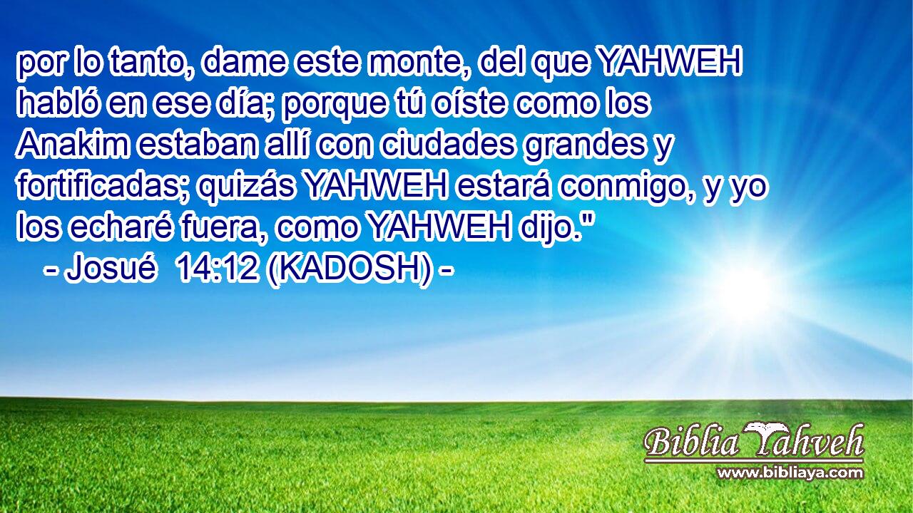 por lo tanto, dame este monte, del que YAHWEH habló en ese día; porque tú oíste como los Anakim estaban allí con ciudades grandes y fortificadas; quizás YAHWEH estará conmigo, y yo los echaré fuera, como YAHWEH dijo.