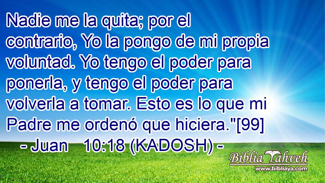  Nadie me la quita; por el contrario, Yo la pongo de mi propia voluntad. Yo tengo el poder para ponerla, y tengo el poder para volverla a tomar. Esto es lo que mi Padre me ordenó que hiciera.