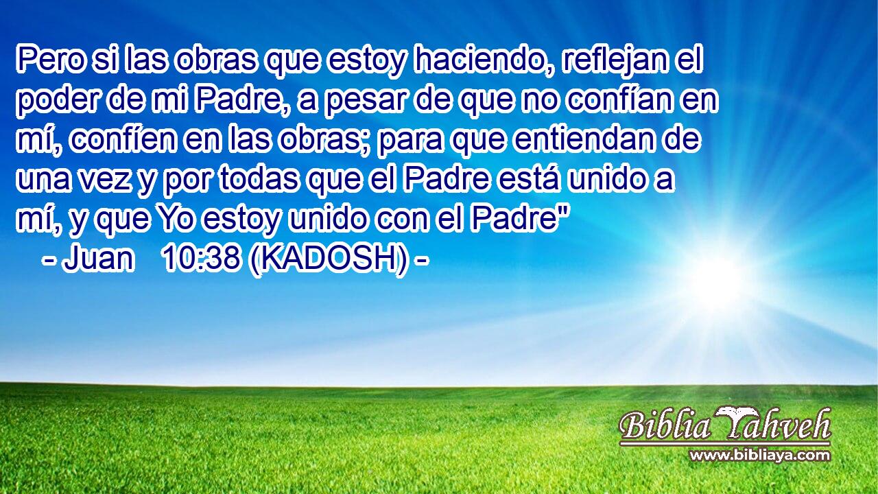  Pero si las obras que estoy haciendo, reflejan el poder de mi Padre, a pesar de que no confían en mí, confíen en las obras; para que entiendan de una vez y por todas que el Padre está unido a mí, y que Yo estoy unido con el Padre