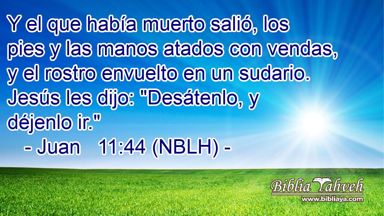  Y el que había muerto salió, los pies y las manos atados con vendas, y el rostro envuelto en un sudario. Jesús les dijo: 