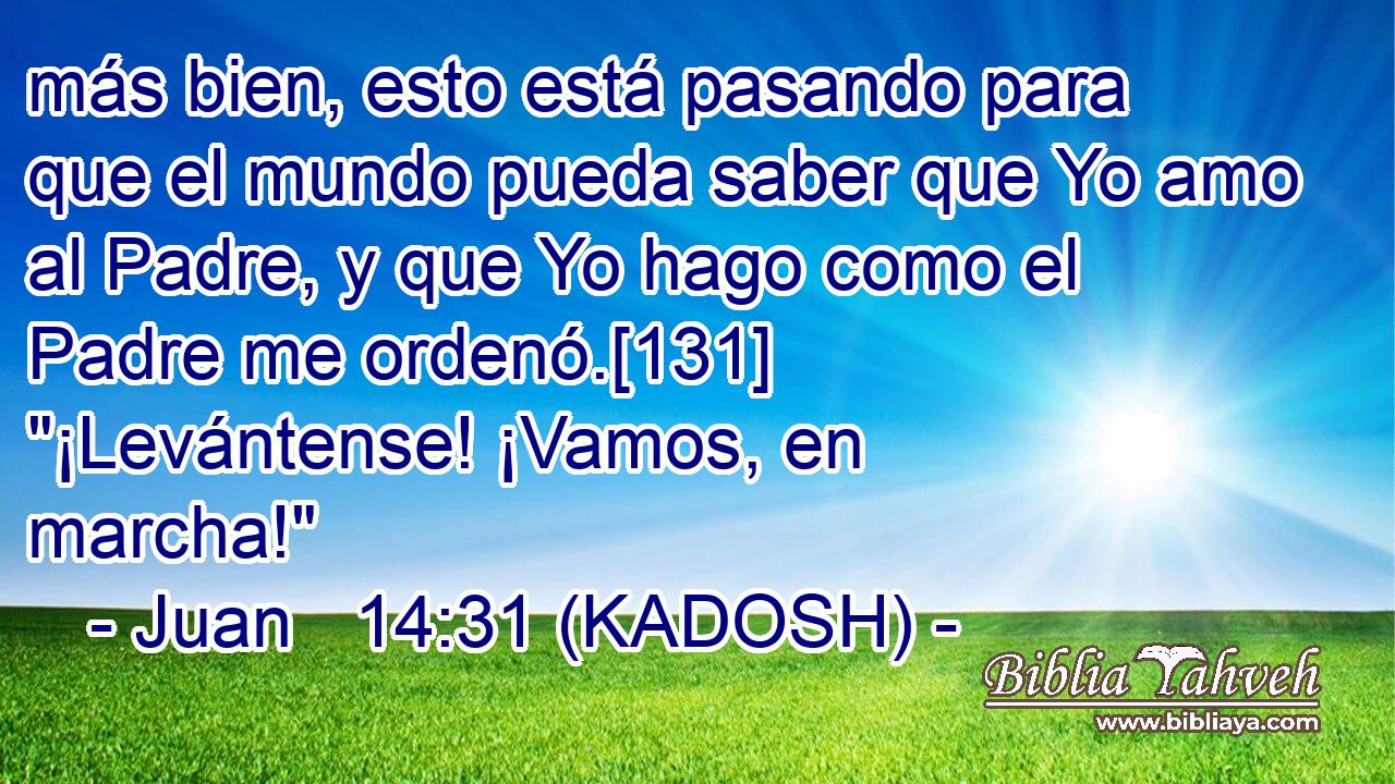  más bien, esto está pasando para que el mundo pueda saber que Yo amo al Padre, y que Yo hago como el Padre me ordenó.[131] 