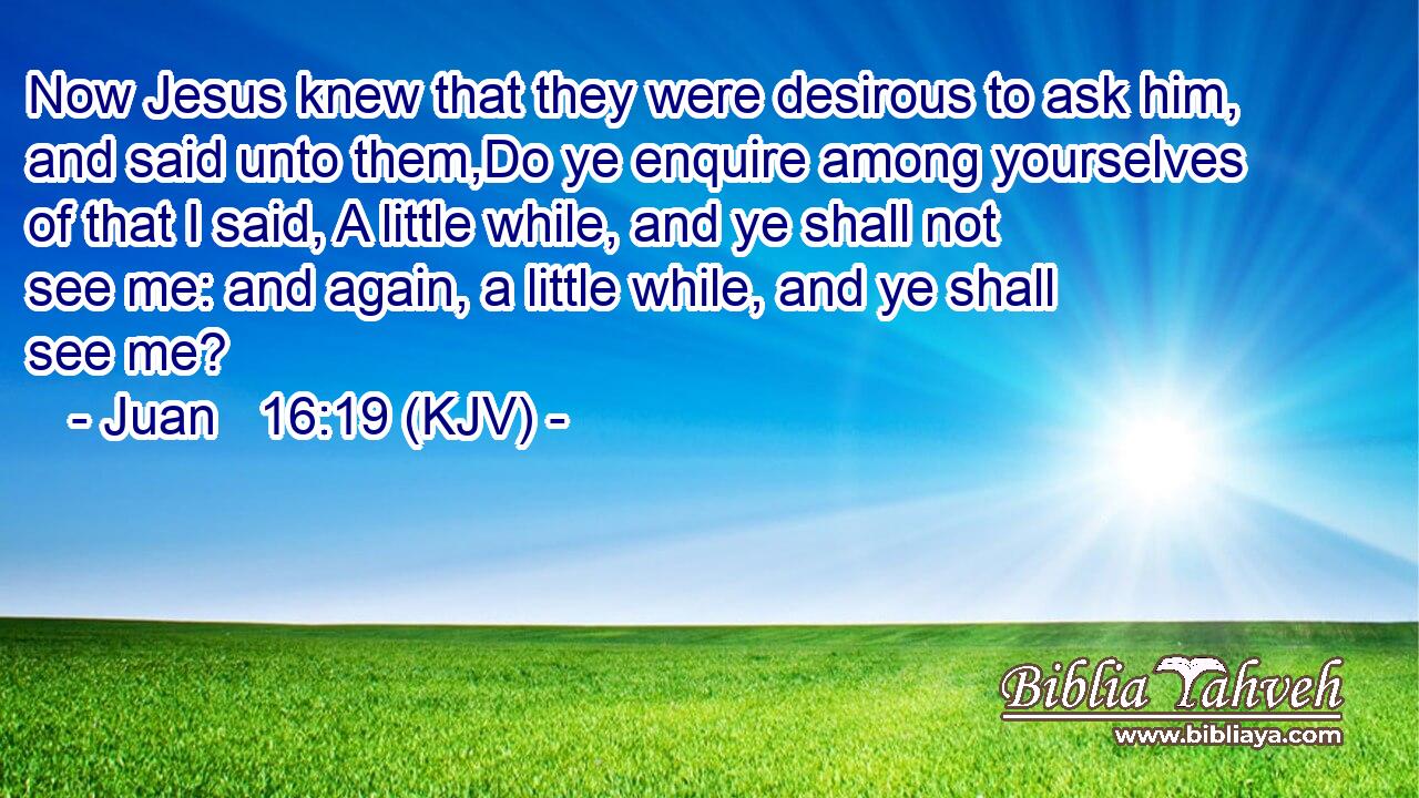 Now Jesus knew that they were desirous to ask him, and said unto them,Do ye enquire among yourselves of that I said, A little while, and ye shall not see me: and again, a little while, and ye shall see me?