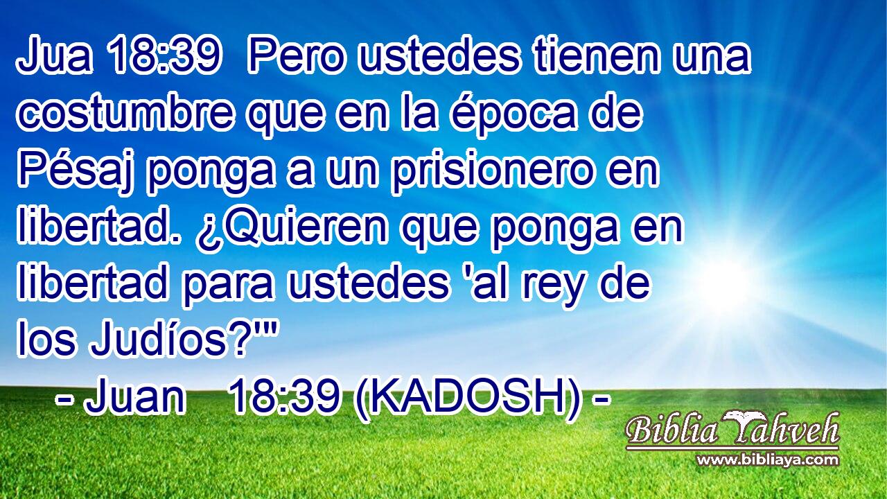  Pero ustedes tienen una costumbre que en la época de Pésaj ponga a un prisionero en libertad. ¿Quieren que ponga en libertad para ustedes 'al rey de los Judíos?'