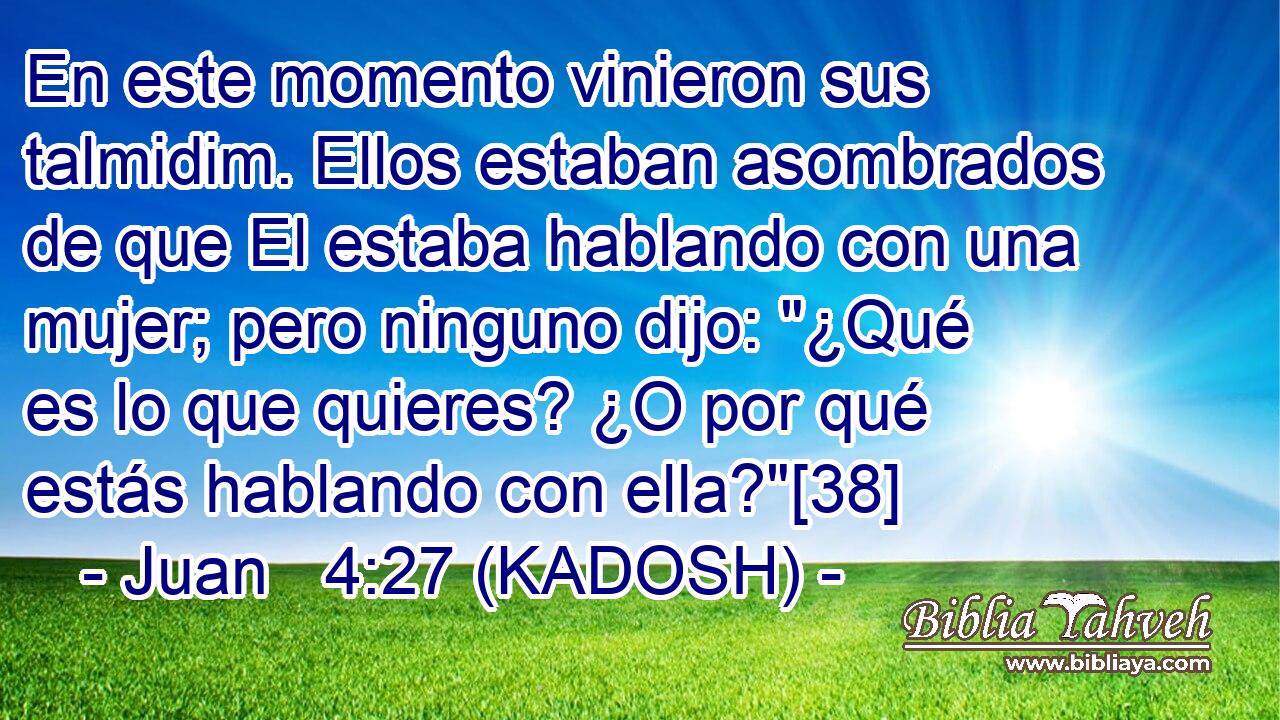 En este momento vinieron sus talmidim. Ellos estaban asombrados de que El estaba hablando con una mujer; pero ninguno dijo: 