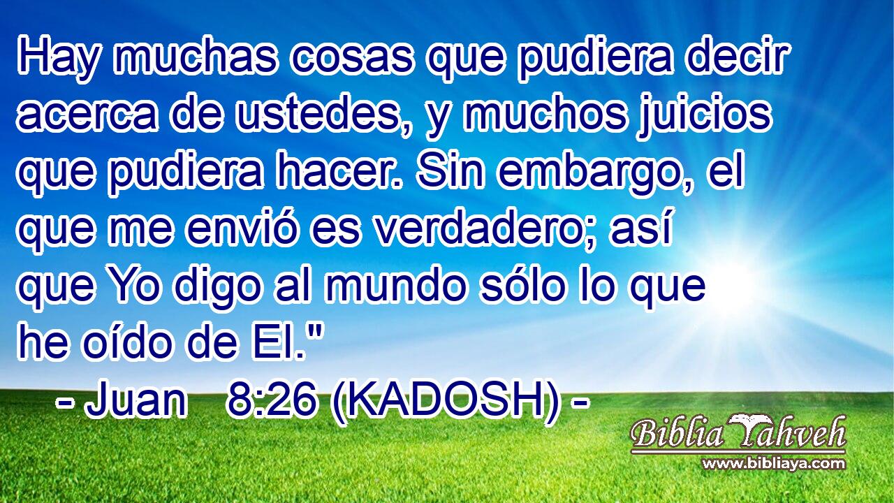  Hay muchas cosas que pudiera decir acerca de ustedes, y muchos juicios que pudiera hacer. Sin embargo, el que me envió es verdadero; así que Yo digo al mundo sólo lo que he oído de El.