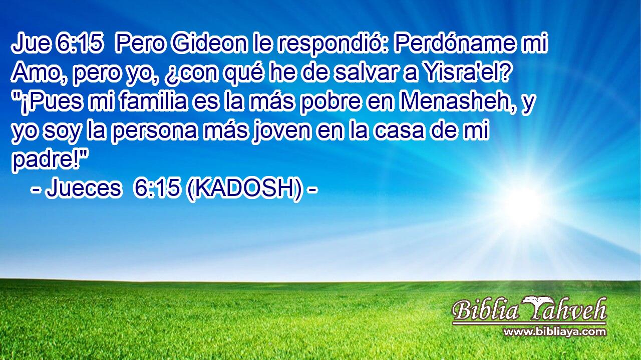  Pero Gideon le respondió: Perdóname mi Amo, pero yo, ¿con qué he de salvar a Yisra'el? 