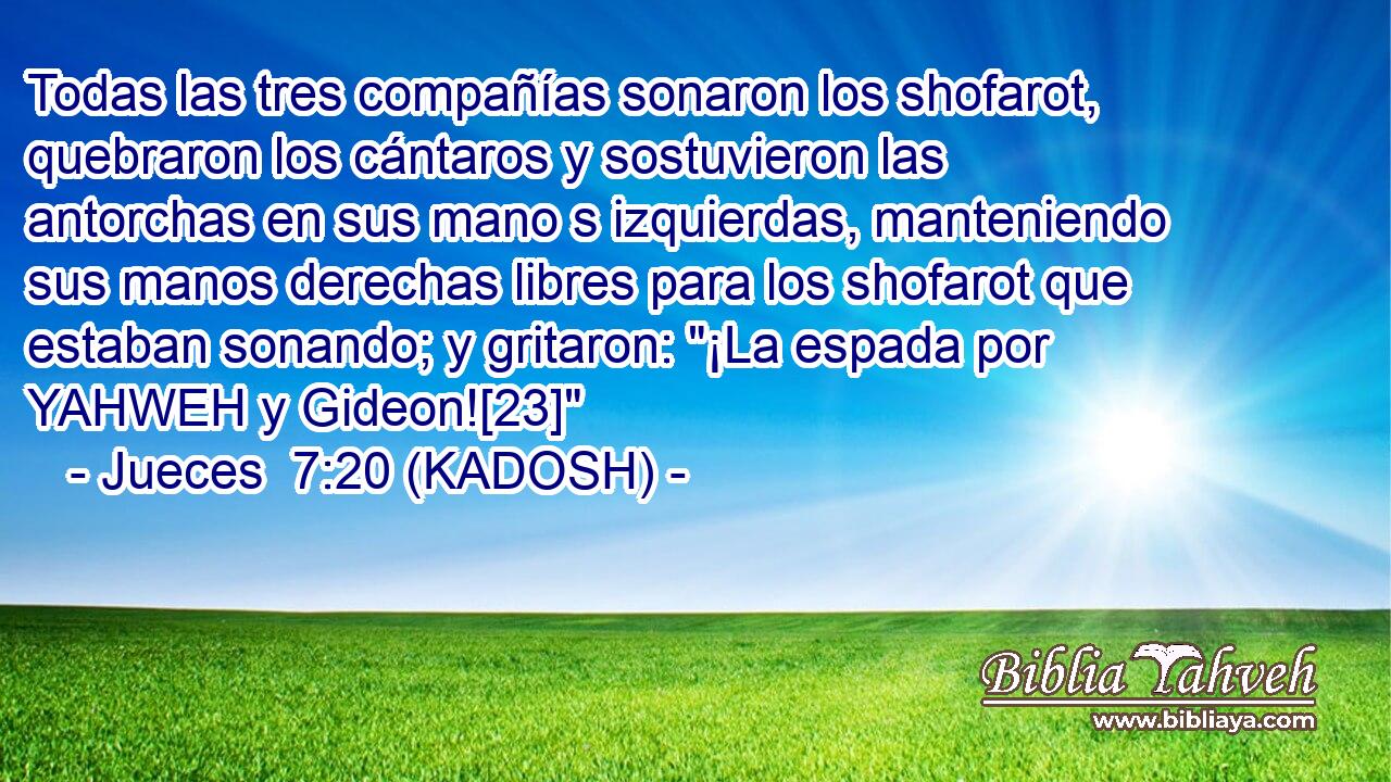  Todas las tres compañías sonaron los shofarot, quebraron los cántaros y sostuvieron las antorchas en sus mano s izquierdas, manteniendo sus manos derechas libres para los shofarot que estaban sonando; y gritaron: 