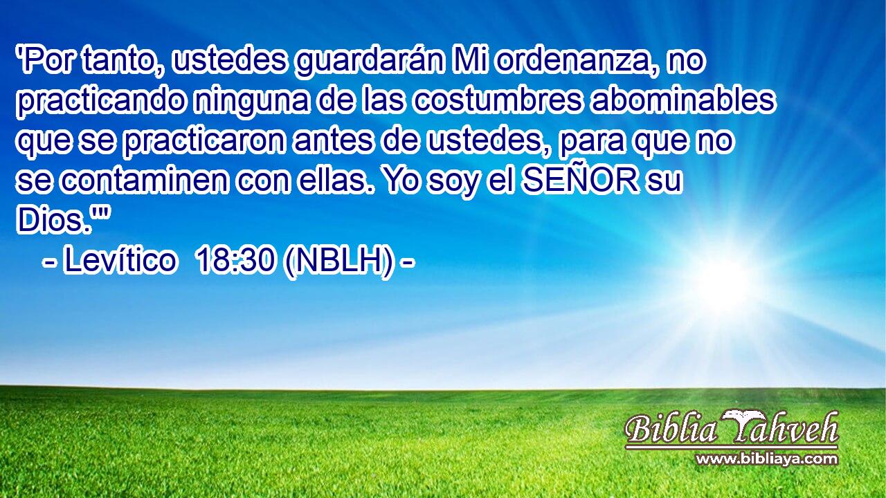  'Por tanto, ustedes guardarán Mi ordenanza, no practicando ninguna de las costumbres abominables que se practicaron antes de ustedes, para que no se contaminen con ellas. Yo soy el SEÑOR su Dios.'