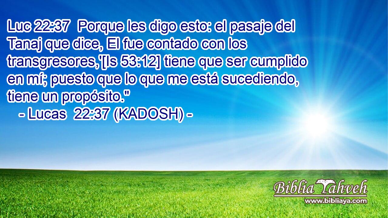  Porque les digo esto: el pasaje del Tanaj que dice, El fue contado con los transgresores,'[Is 53:12] tiene que ser cumplido en mí; puesto que lo que me está sucediendo, tiene un propósito.