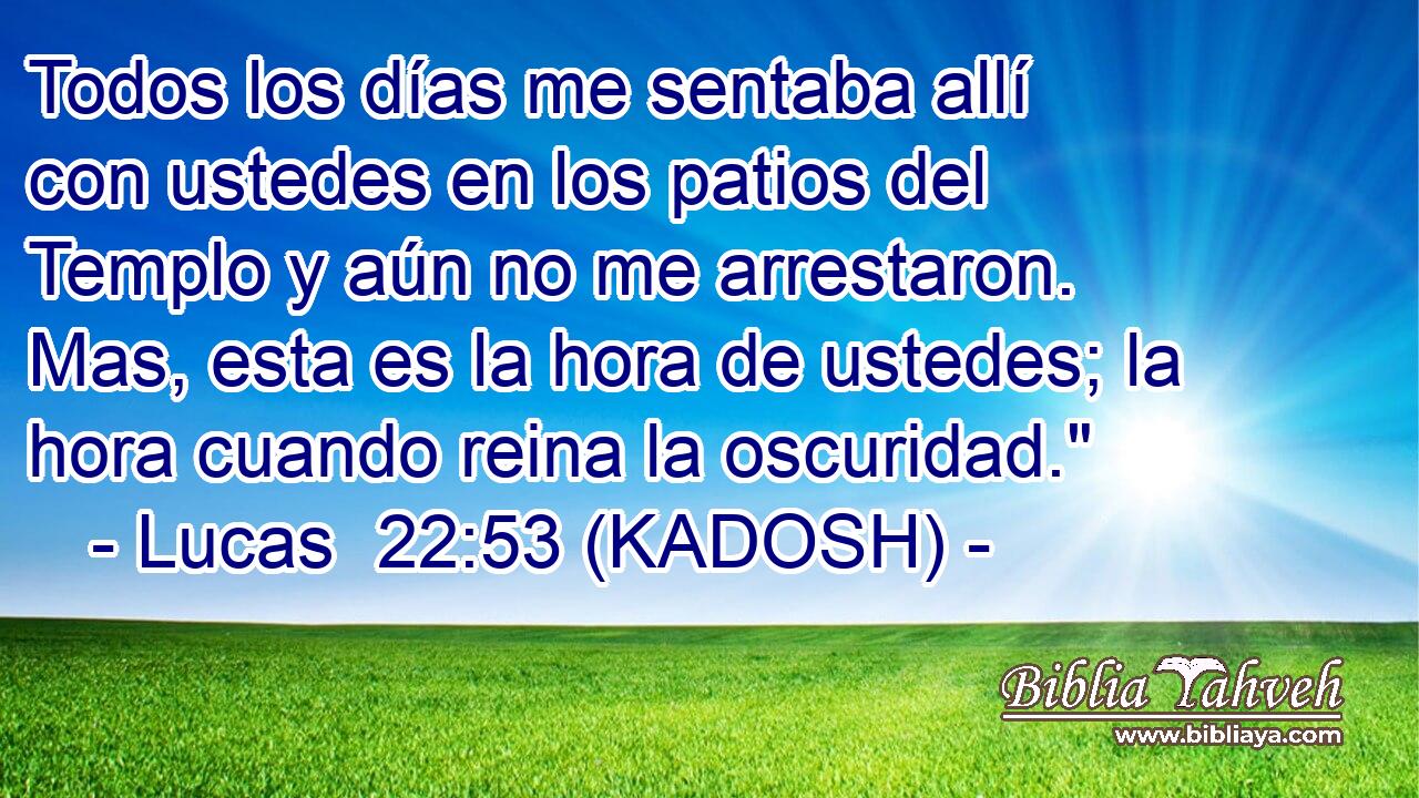  Todos los días me sentaba allí con ustedes en los patios del Templo y aún no me arrestaron. Mas, esta es la hora de ustedes; la hora cuando reina la oscuridad.