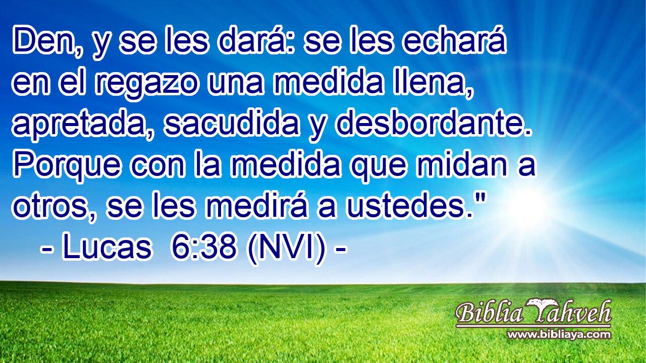  Den, y se les dará: se les echará en el regazo una medida llena, apretada, sacudida y desbordante. Porque con la medida que midan a otros, se les medirá a ustedes.