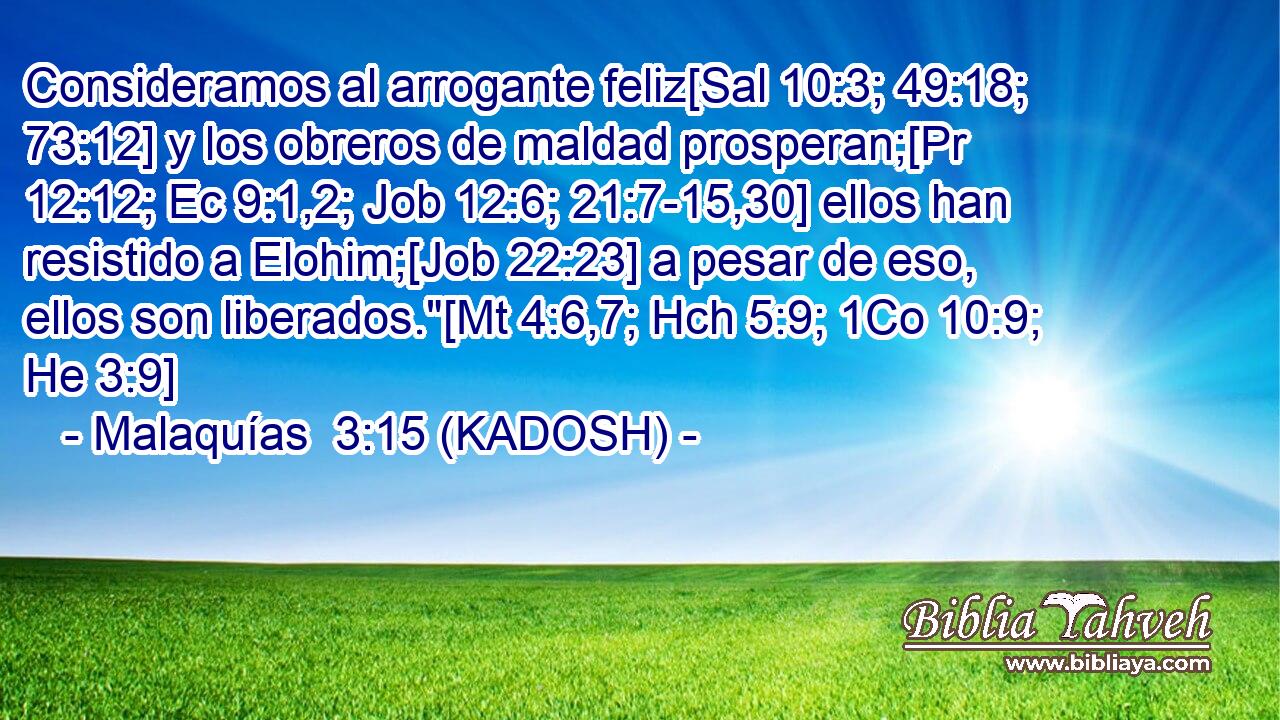  Consideramos al arrogante feliz[Sal 10:3; 49:18; 73:12] y los obreros de maldad prosperan;[Pr 12:12; Ec 9:1,2; Job 12:6; 21:7-15,30] ellos han resistido a Elohim;[Job 22:23] a pesar de eso, ellos son liberados.