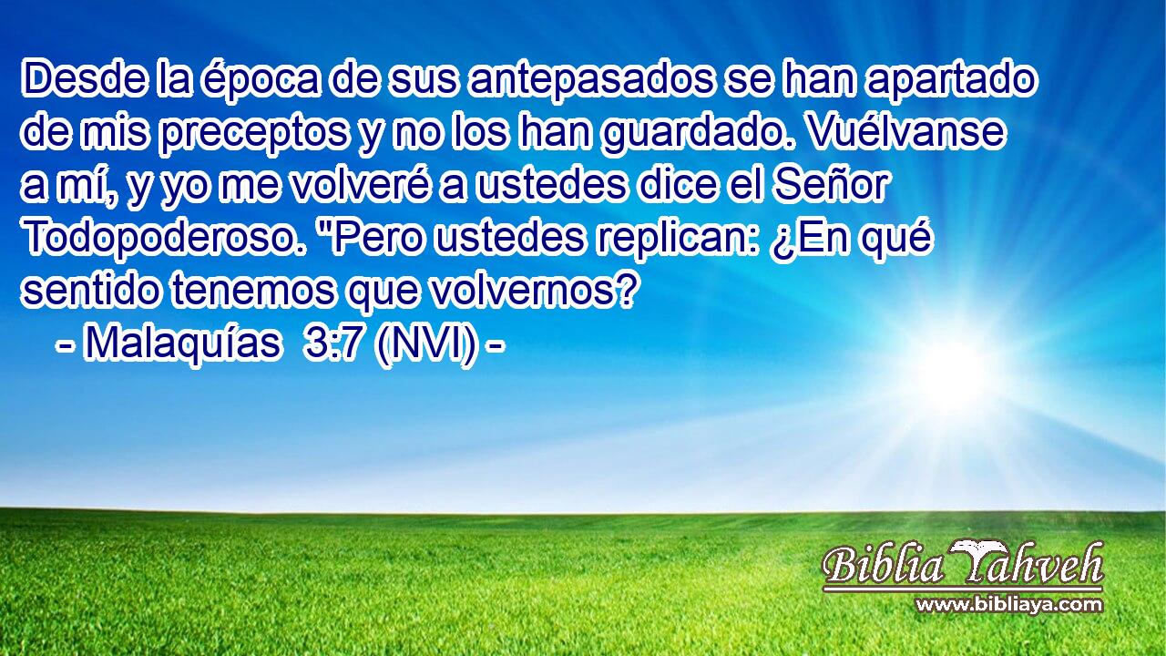  Desde la época de sus antepasados se han apartado de mis preceptos y no los han guardado. Vuélvanse a mí, y yo me volveré a ustedes dice el Señor Todopoderoso. 