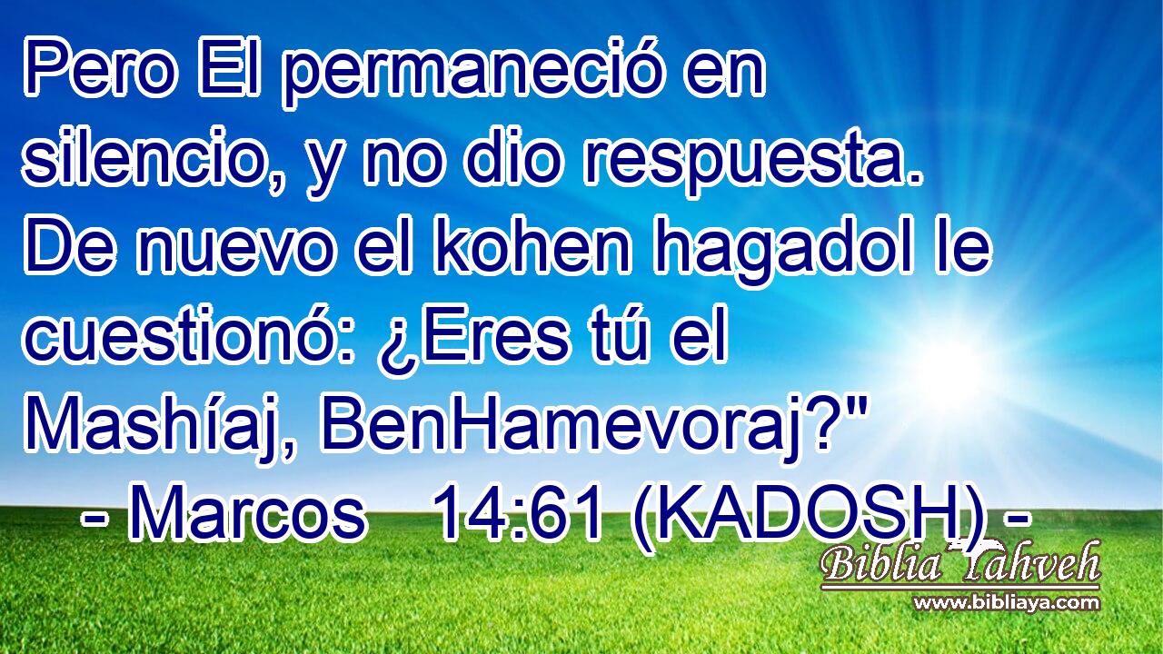  Pero El permaneció en silencio, y no dio respuesta. De nuevo el kohen hagadol le cuestionó: ¿Eres tú el Mashíaj, BenHamevoraj?