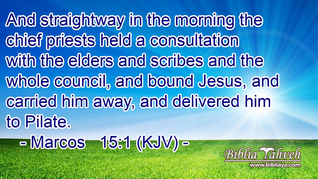 And straightway in the morning the chief priests held a consultation with the elders and scribes and the whole council, and bound Jesus, and carried him away, and delivered him to Pilate.