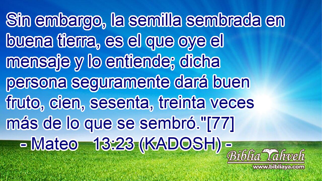 Sin embargo, la semilla sembrada en buena tierra, es el que oye el mensaje y lo entiende; dicha persona seguramente dará buen fruto, cien, sesenta, treinta veces más de lo que se sembró.