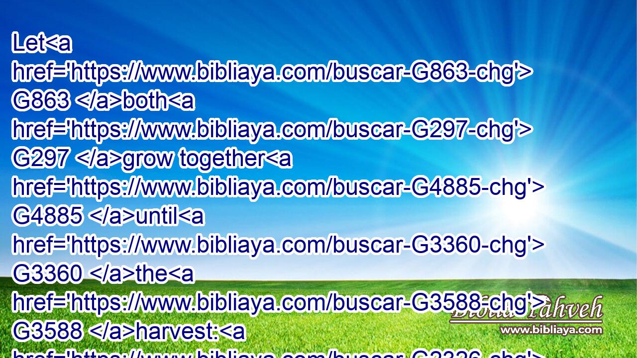 Let G863 both G297 grow together G4885 until G3360 the G3588 harvest: G2326 and G2532 in G1722 the G3588 time G2540 of harvest G2326 I will say G2046 to the G3588 reapers, G2327 Gather ye together G4816 first G4412 the G3588 tares, G2215 and G2532 bind G1210 them G846 in G1519 bundles G1197 to burn G2618 them: G846 but G1161 gather G4863 the G3588 wheat G4621 into G1519 my G3450 barn.G596