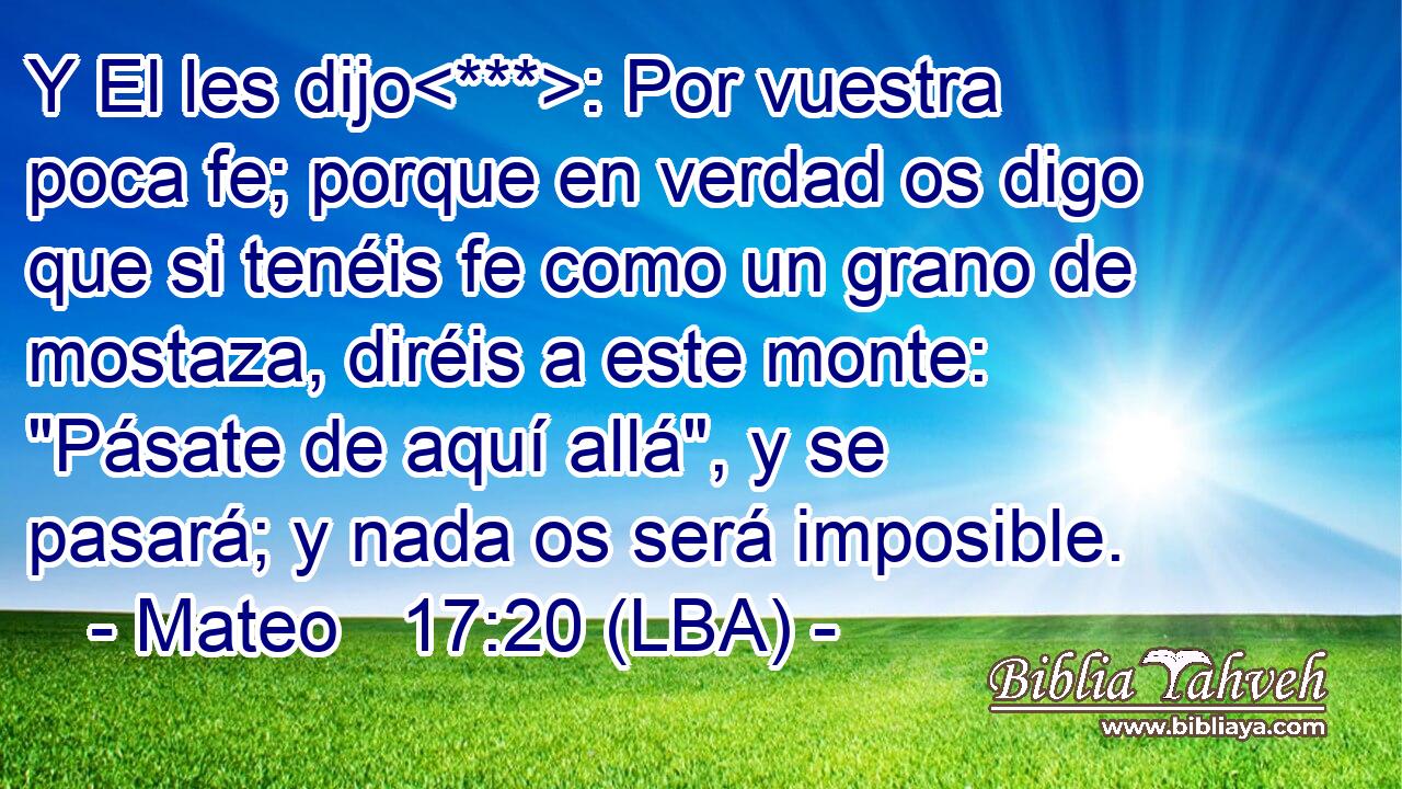 Y El les dijo: Por vuestra poca fe; porque en verdad os digo que si tenéis fe como un grano de mostaza, diréis a este monte: 