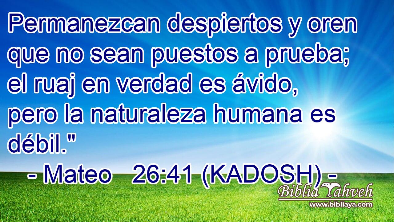  Permanezcan despiertos y oren que no sean puestos a prueba; el ruaj en verdad es ávido, pero la naturaleza humana es débil.