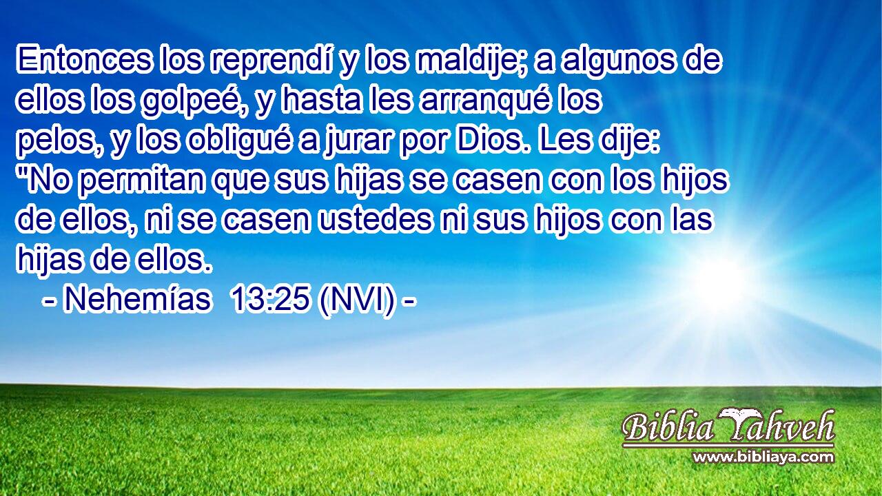  Entonces los reprendí y los maldije; a algunos de ellos los golpeé, y hasta les arranqué los pelos, y los obligué a jurar por Dios. Les dije: 
