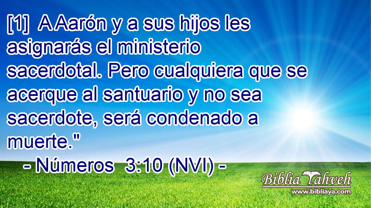  [1]  A Aarón y a sus hijos les asignarás el ministerio sacerdotal. Pero cualquiera que se acerque al santuario y no sea sacerdote, será condenado a muerte.