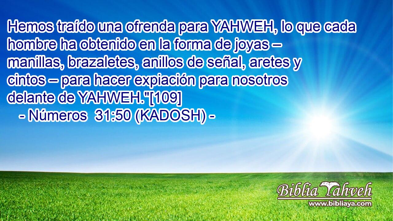  Hemos traído una ofrenda para YAHWEH, lo que cada hombre ha obtenido en la forma de joyas – manillas, brazaletes, anillos de señal, aretes y cintos – para hacer expiación para nosotros delante de YAHWEH.