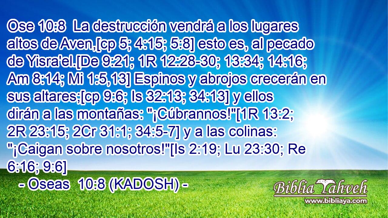  La destrucción vendrá a los lugares altos de Aven,[cp 5; 4:15; 5:8] esto es, al pecado de Yisra'el.[De 9:21; 1R 12:28-30; 13:34; 14:16; Am 8:14; Mi 1:5,13] Espinos y abrojos crecerán en sus altares;[cp 9:6; Is 32:13; 34:13] y ellos dirán a las montañas: 