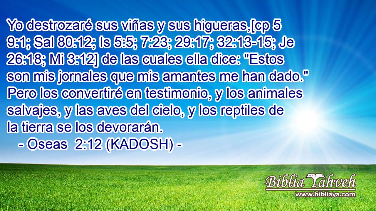  Yo destrozaré sus viñas y sus higueras,[cp 5 9:1; Sal 80:12; Is 5:5; 7:23; 29:17; 32:13-15; Je 26:18; Mi 3:12] de las cuales ella dice: 