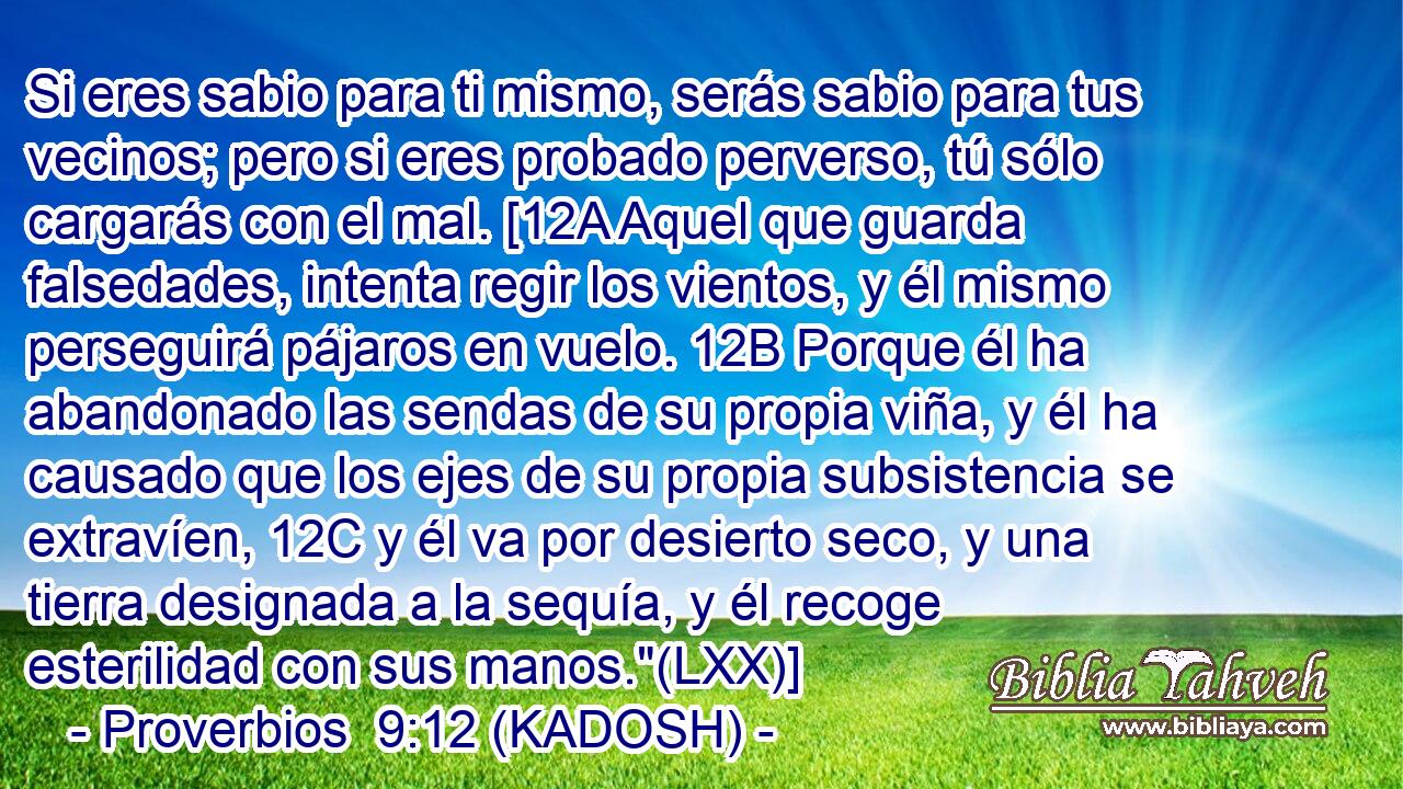  Si eres sabio para ti mismo, serás sabio para tus vecinos; pero si eres probado perverso, tú sólo cargarás con el mal. [12A Aquel que guarda falsedades, intenta regir los vientos, y él mismo perseguirá pájaros en vuelo. 12B Porque él ha abandonado las sendas de su propia viña, y él ha causado que los ejes de su propia subsistencia se extravíen, 12C y él va por desierto seco, y una tierra designada a la sequía, y él recoge esterilidad con sus manos.