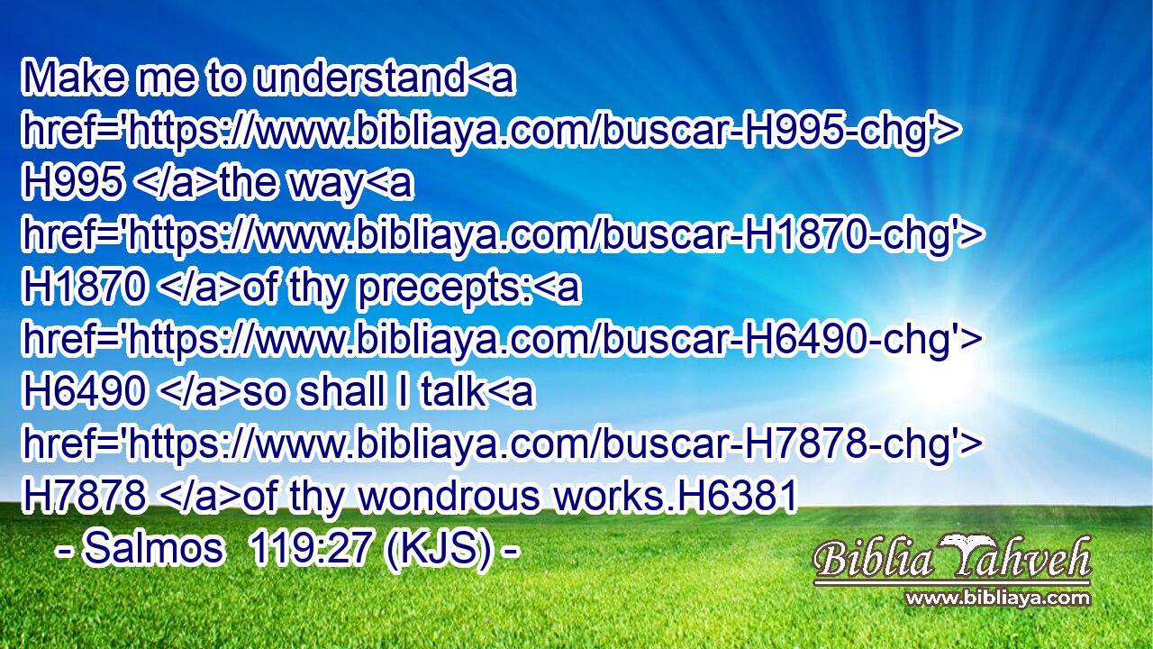Make me to understand H995 the way H1870 of thy precepts: H6490 so shall I talk H7878 of thy wondrous works.H6381