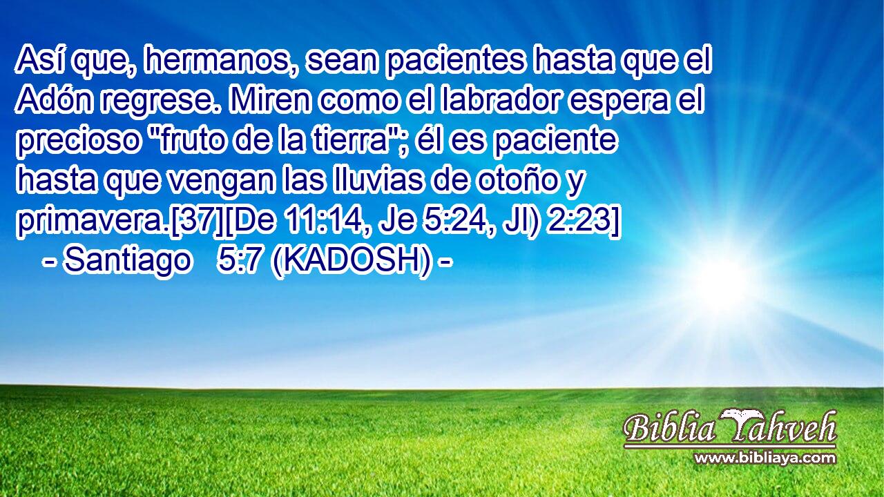  Así que, hermanos, sean pacientes hasta que el Adón regrese. Miren como el labrador espera el precioso 