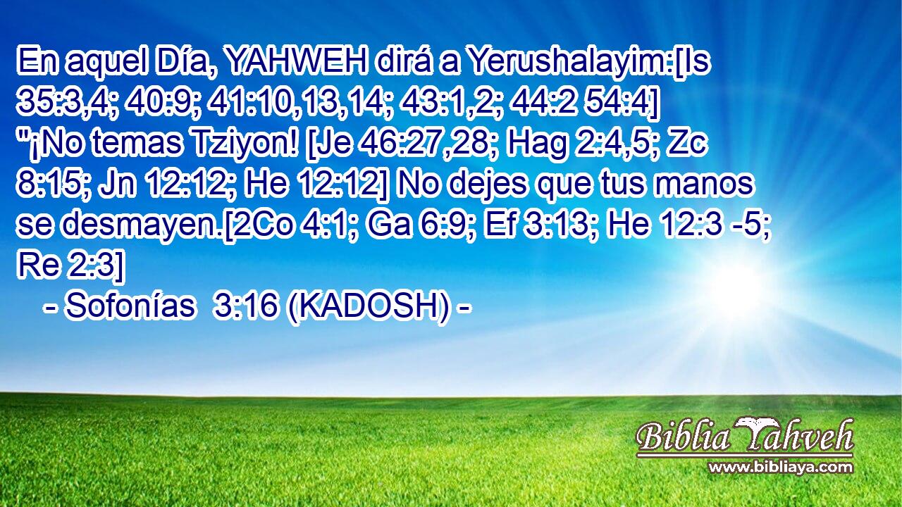  En aquel Día, YAHWEH dirá a Yerushalayim:[Is 35:3,4; 40:9; 41:10,13,14; 43:1,2; 44:2 54:4] 